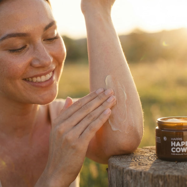 Woman applying tallow balm lotion to her arm with a jar of 'Happy Cow' cream on a wooden stump in a field.